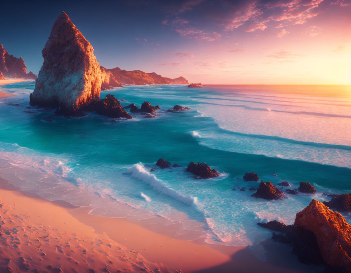 Tranquil sunset beach scene with vibrant sky and rock formations