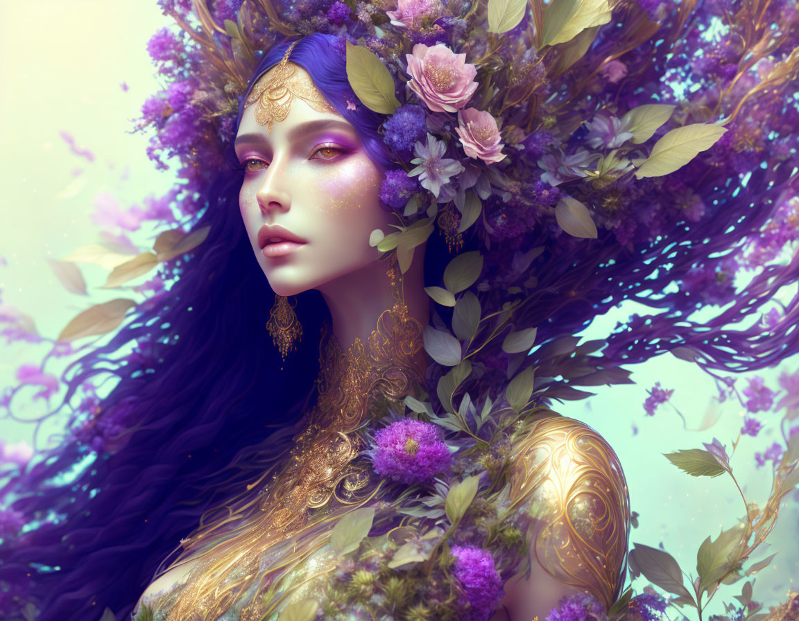 Fantasy portrait of woman with blue hair, floral crown, golden jewelry, tattoos on pastel backdrop