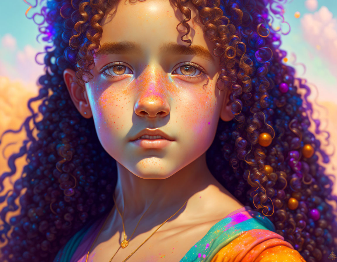 Young person with curly hair and freckles in colorful attire against warm sky backdrop