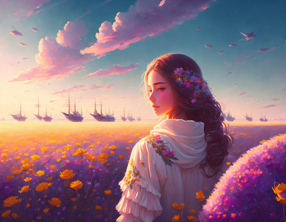 Woman with floral crown overlooking purple and yellow flower field at sunset.