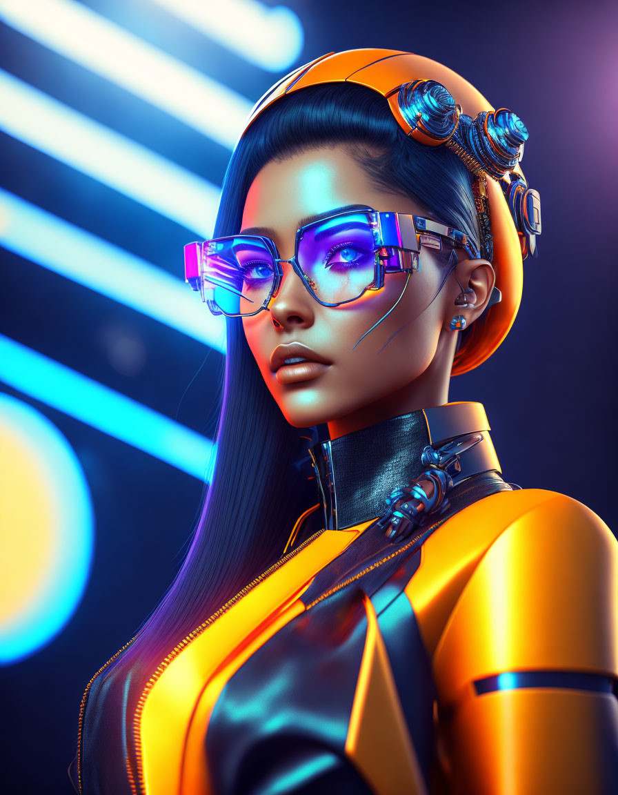 Futuristic woman with neon glasses and cybernetic enhancements