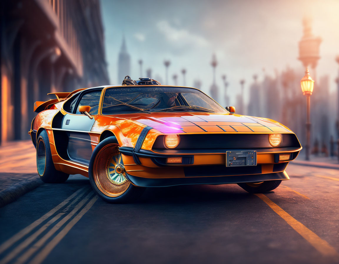 Classic sports car with futuristic design in city street sunset scene