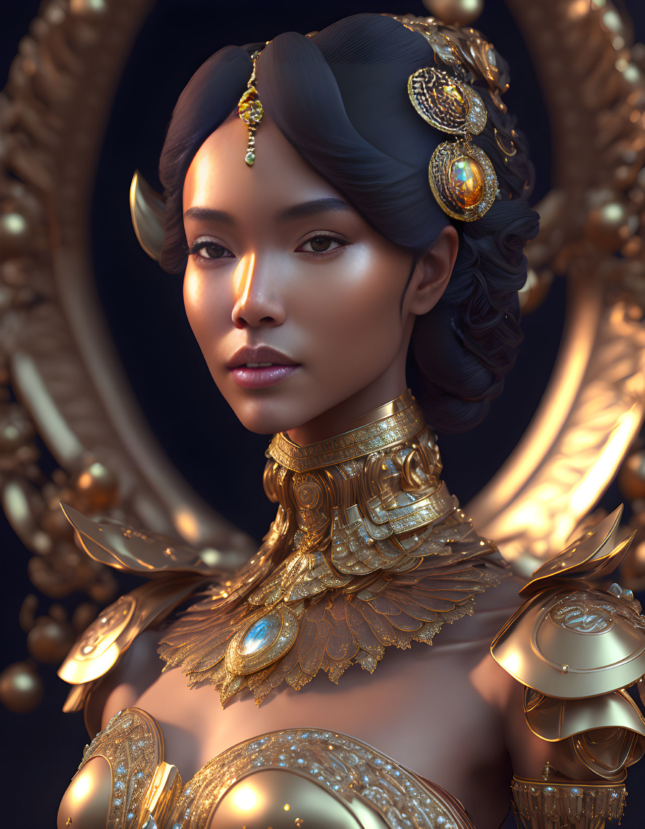 Detailed 3D rendering of woman adorned with ornate golden jewelry