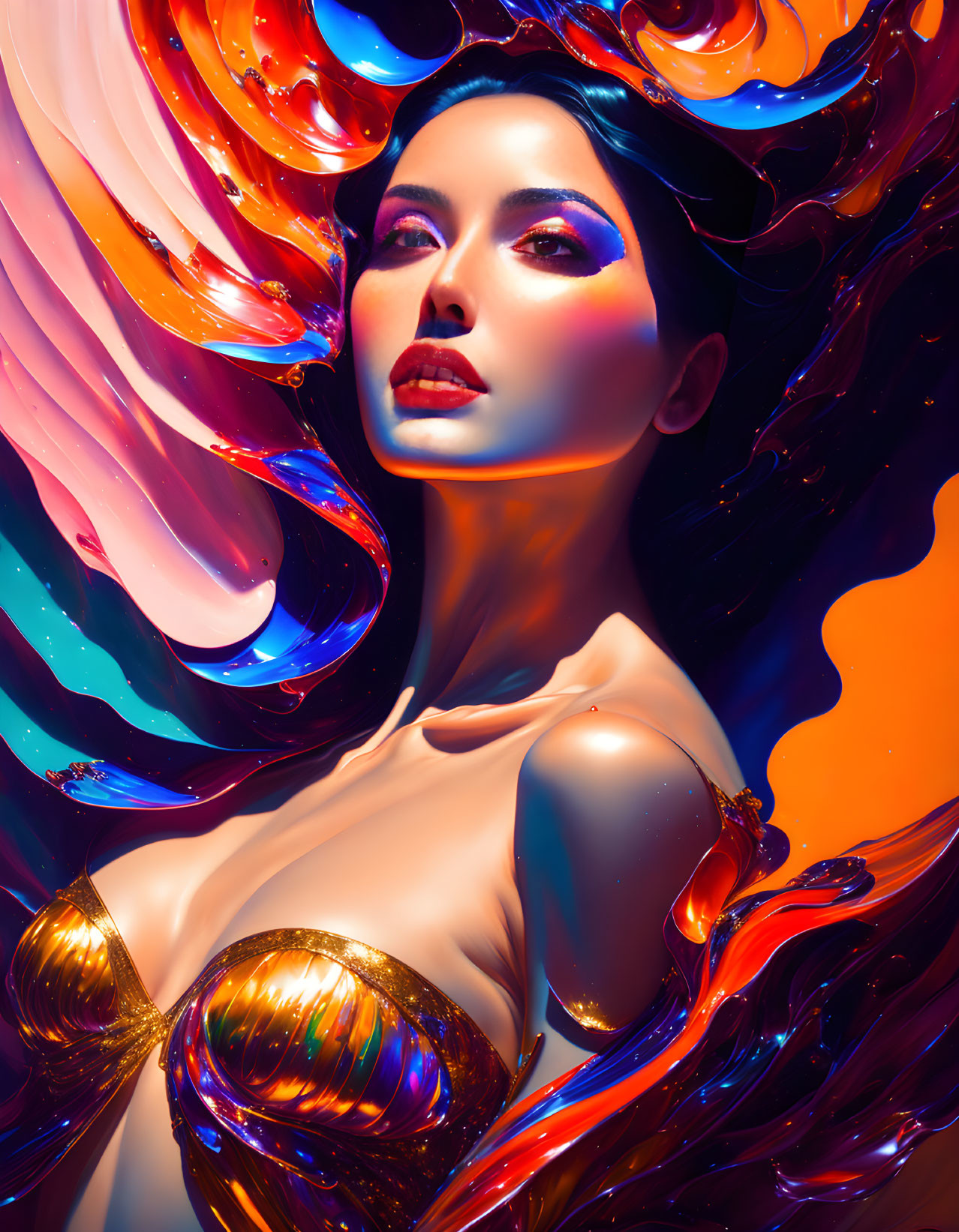 Colorful portrait of a woman with multicolored waves and gold attire