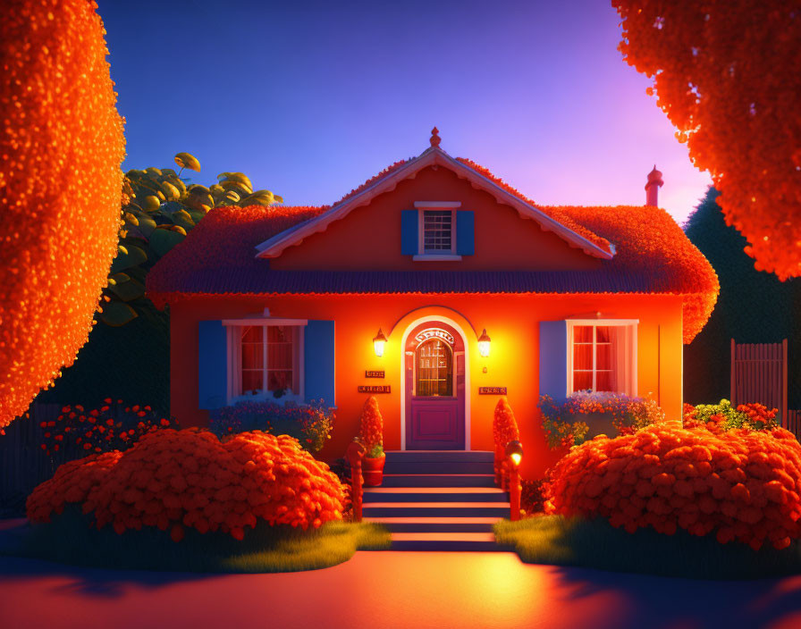 Cozy house at dusk amid orange foliage and twilight sky