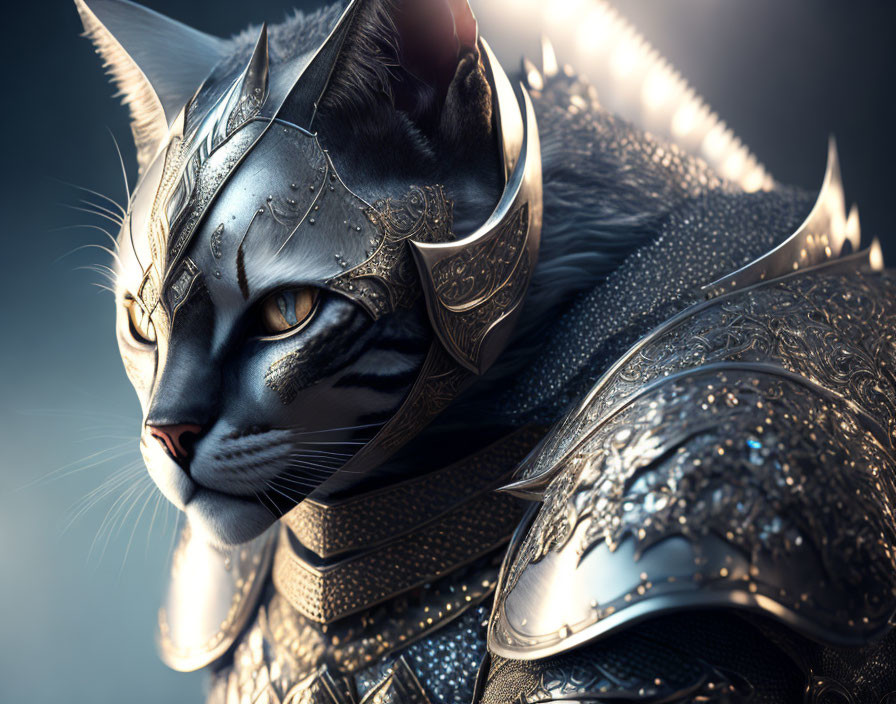 Intricately designed medieval armor on a cat in digital artwork