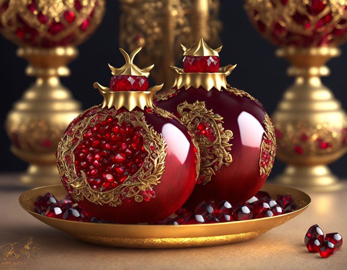 Ornate golden and ruby-red jeweled spheres on golden backdrop