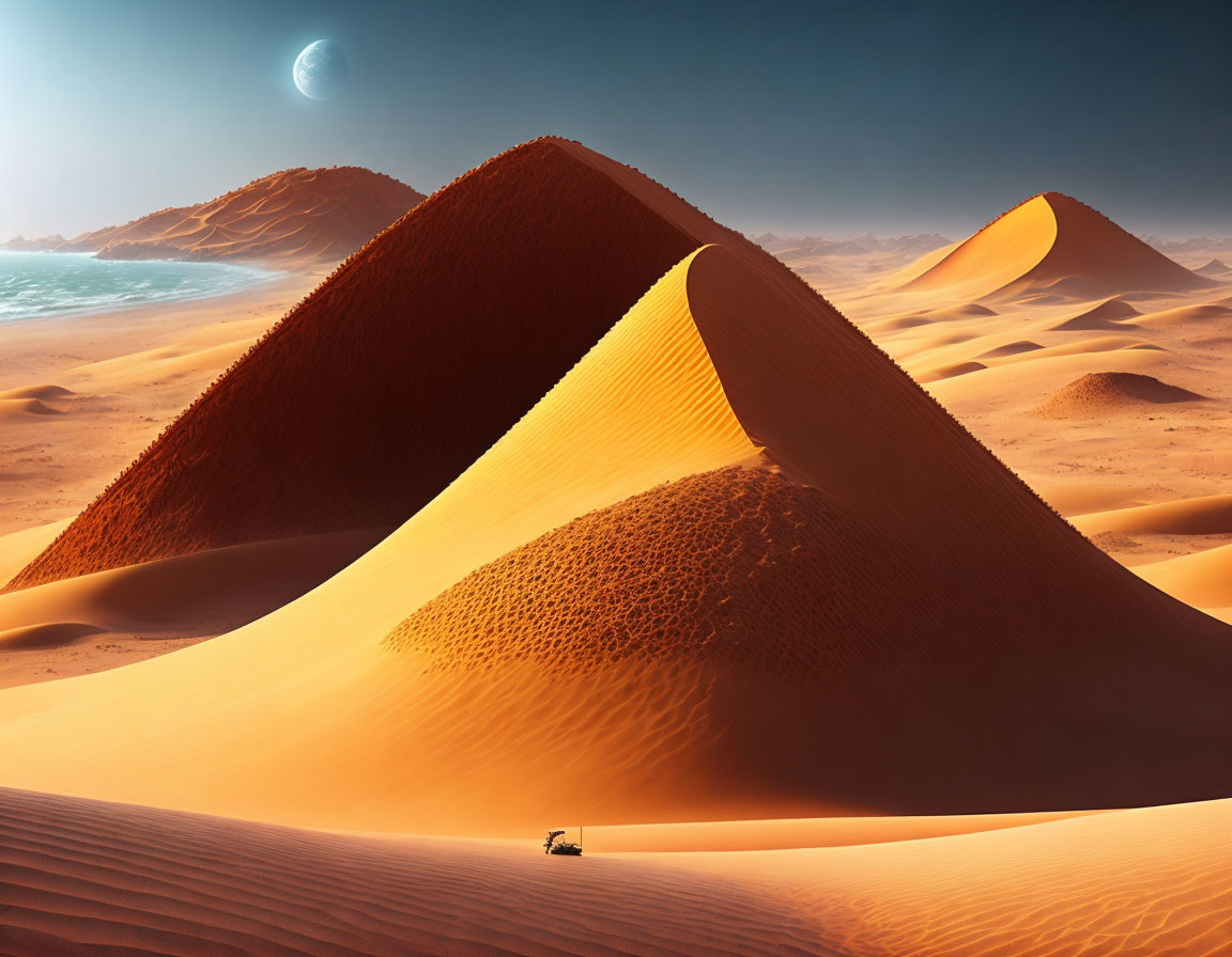 Orange sand dunes under clear sky with large moon and small vehicle.