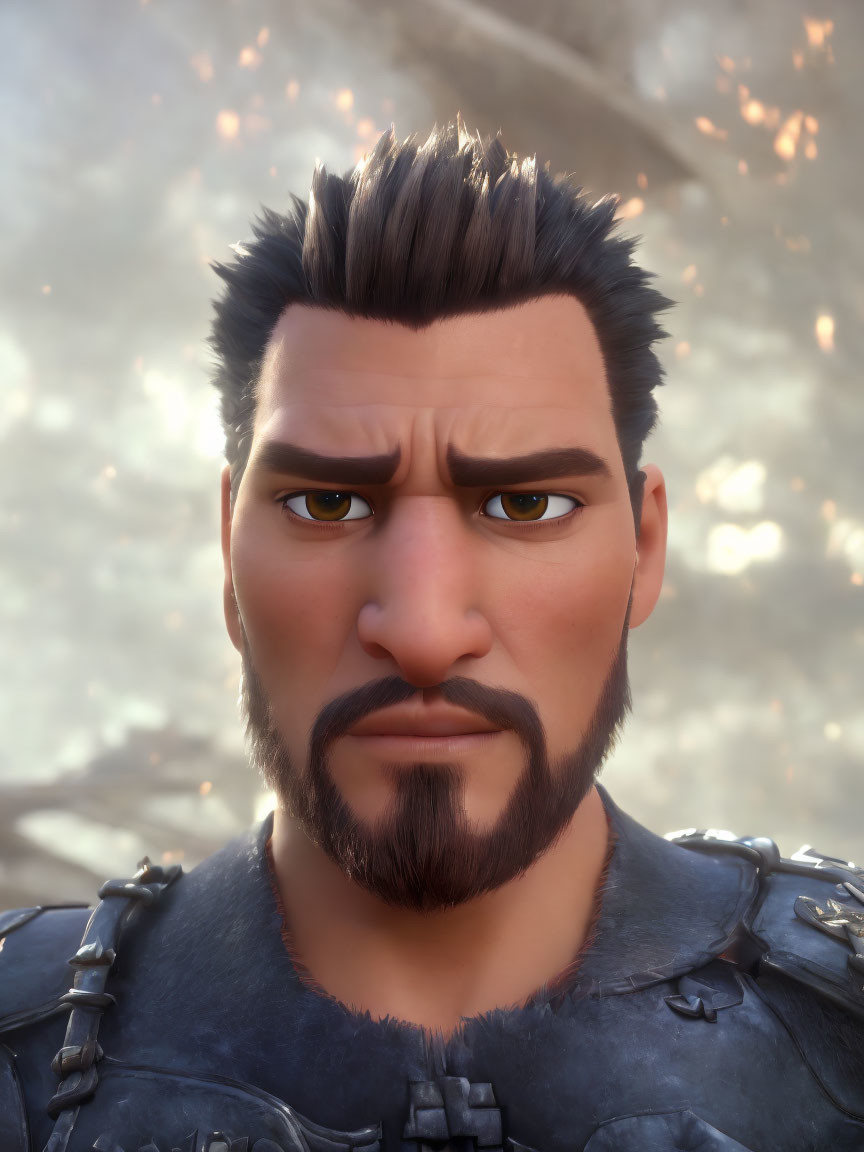 Detailed close-up of determined male character in armor with spiky haircut and fiery background