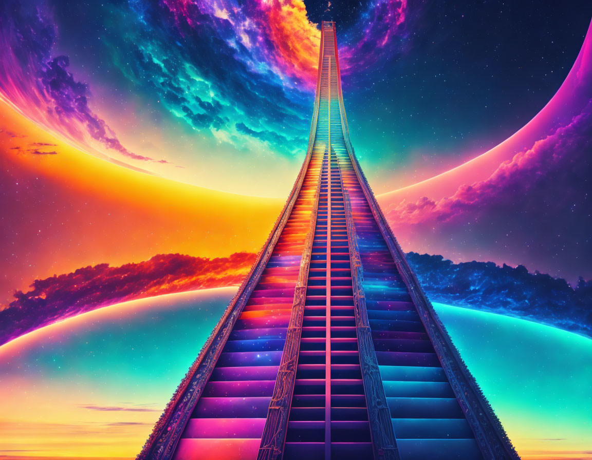 Colorful digital art: Railway in sky with surreal celestial bodies