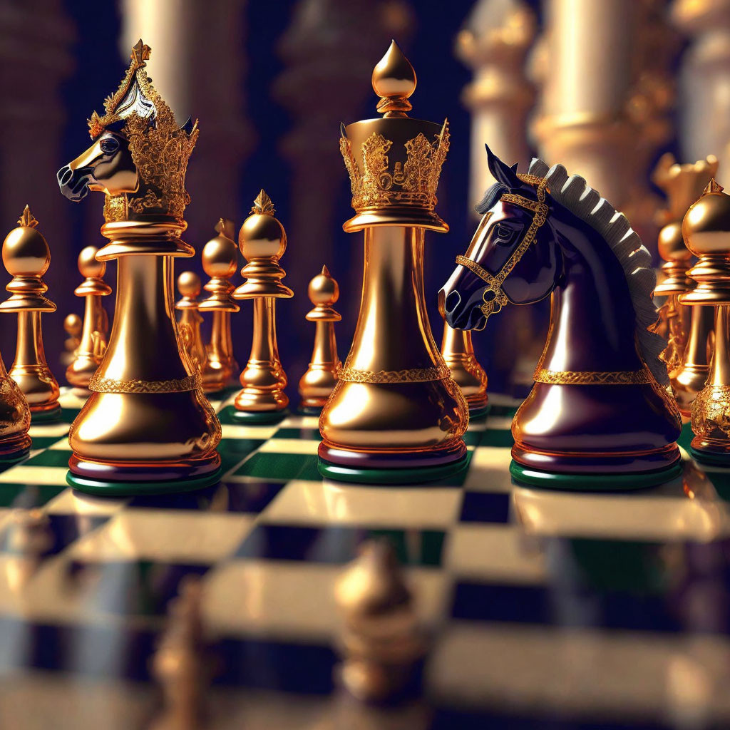 Intricately designed gold and black chess set close-up with knight and queen pieces on checkered