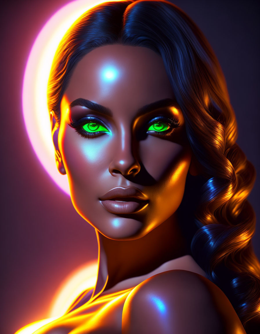 Colorful digital portrait of woman with glowing eyes and neon light contouring.