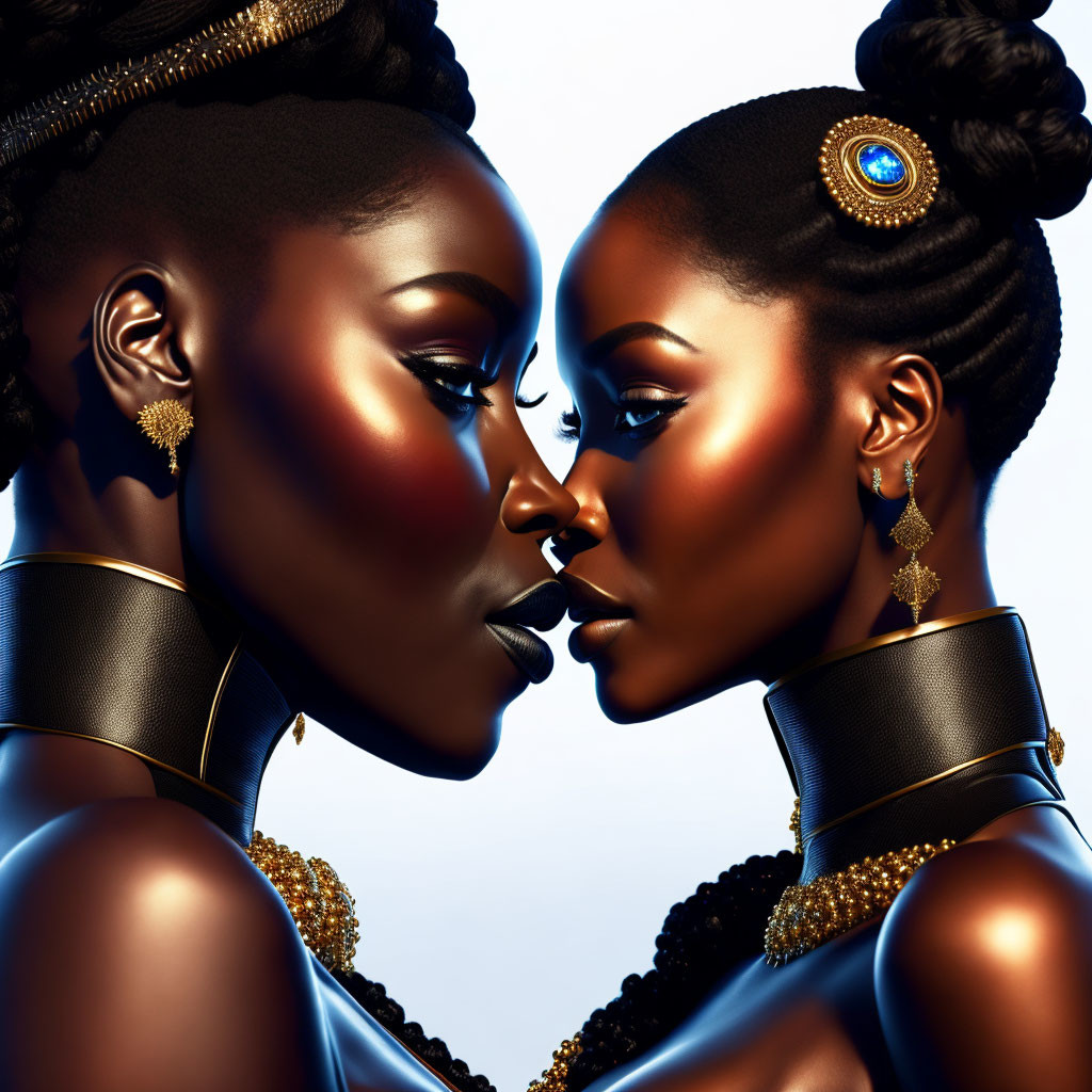 Two dark-skinned women with intricate hairstyles and gold jewelry on a golden backdrop.