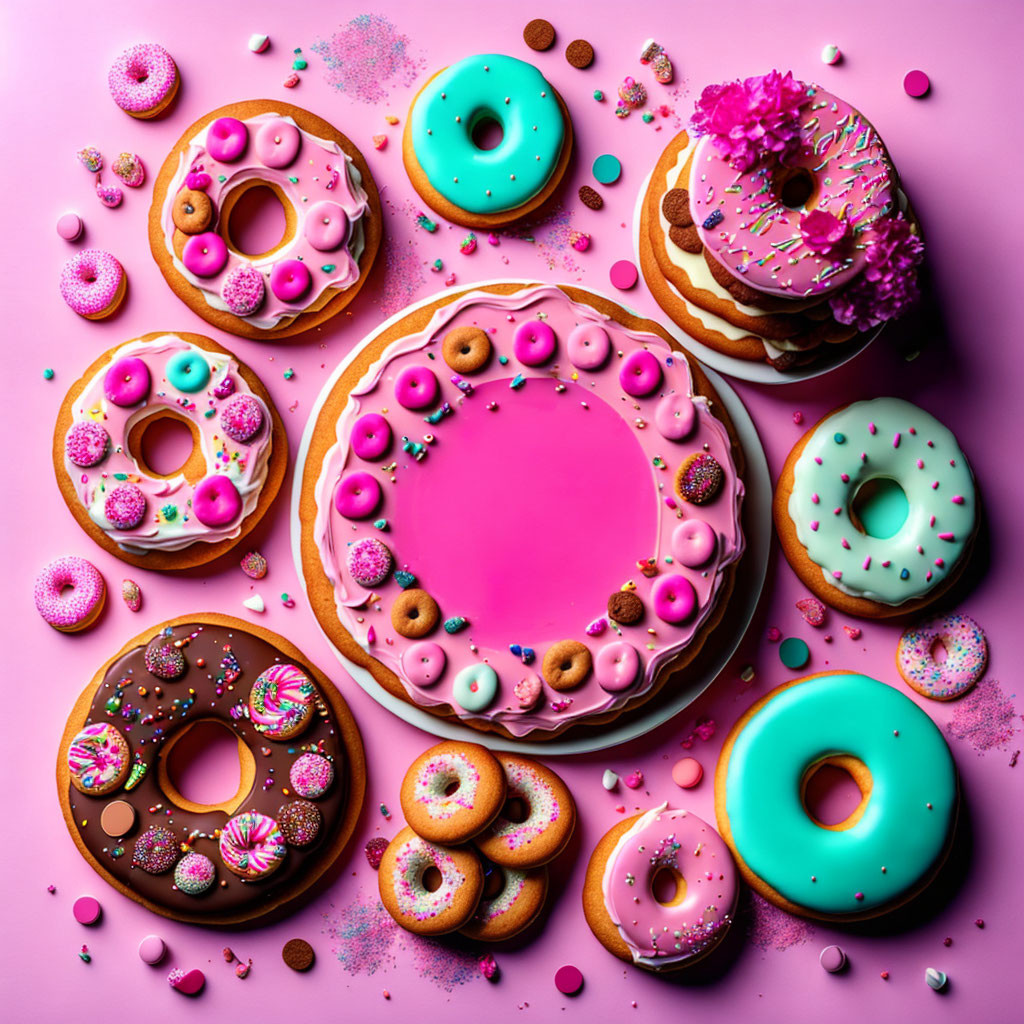 Colorful Donuts and Sprinkles on Pink Background: Playful Arrangement