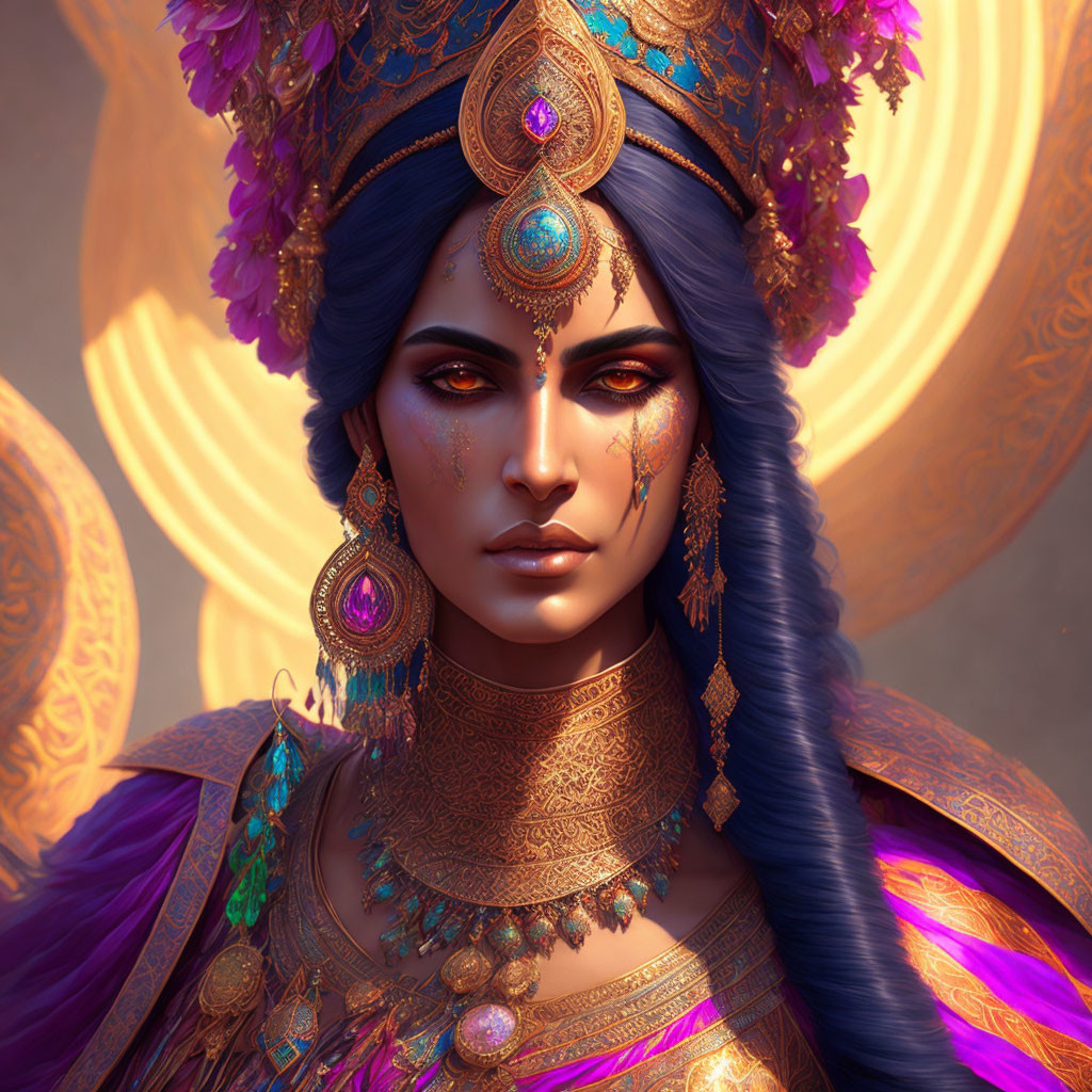 Detailed digital portrait of woman with blue skin, gold jewelry, purple outfit on golden backdrop