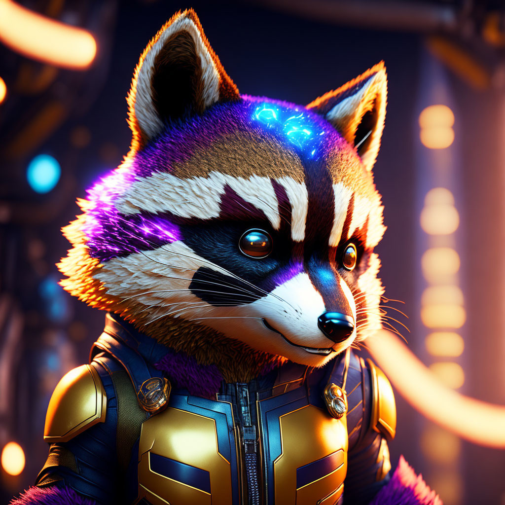 Detailed 3D-rendered anthropomorphic raccoon in futuristic suit on tech-themed background