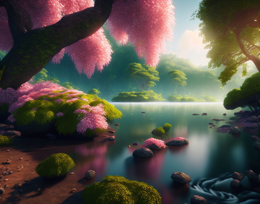 Tranquil river and cherry blossom trees in serene landscape