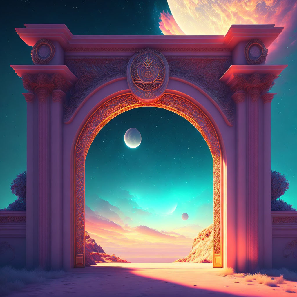 Ornate archway framing surreal sky with planet, moon, and pastel clouds over serene landscape