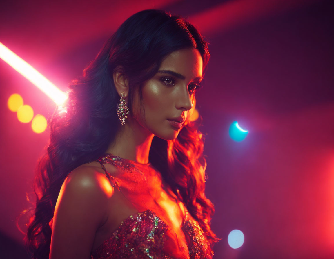 Dark-haired woman in red dress against red and blue lights with bokeh effect