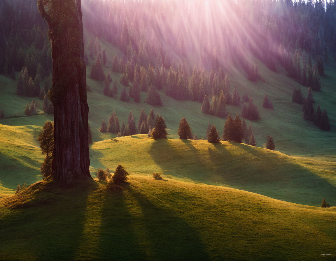 Lush Green Forest Clearing with Sunbeams and Large Tree