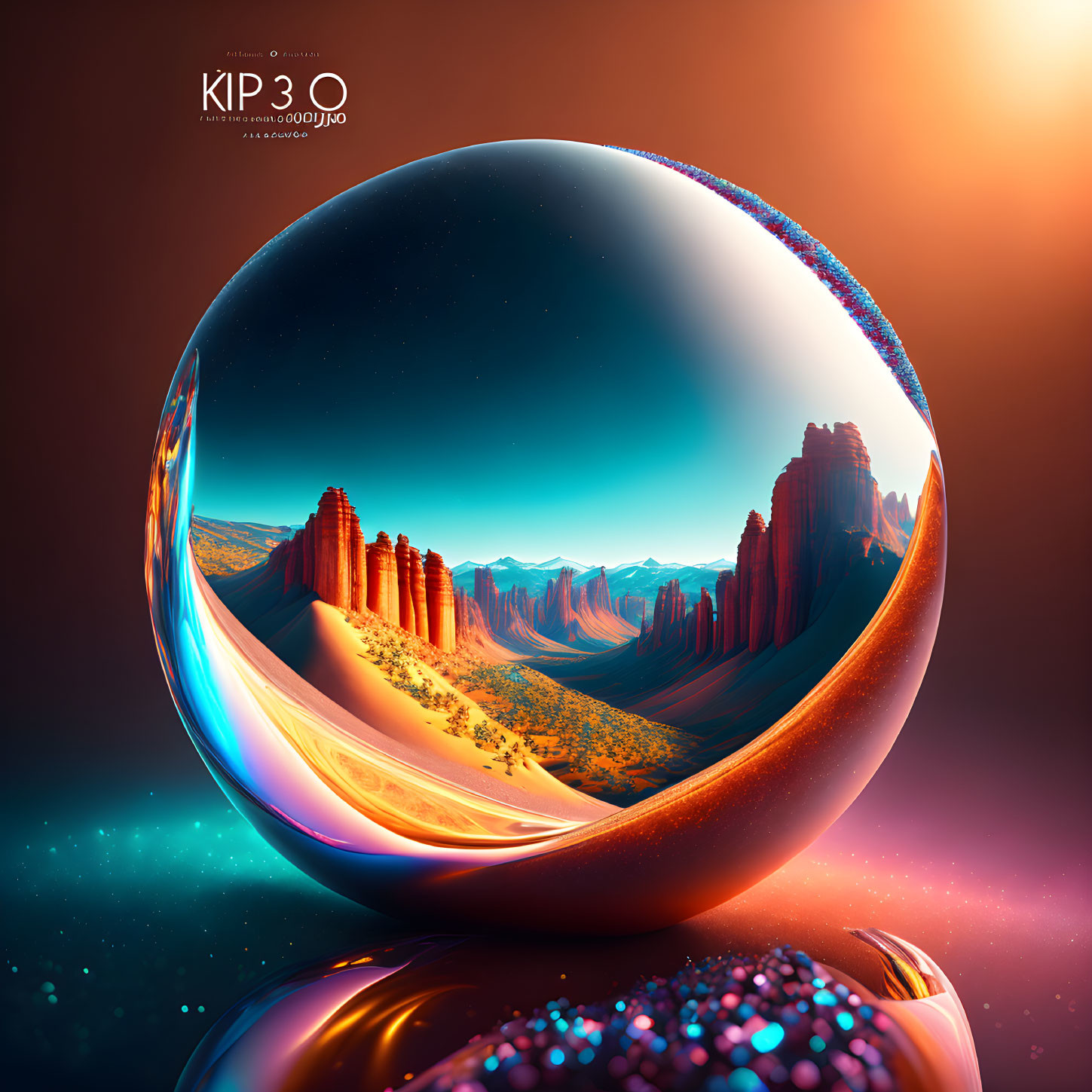 Surreal landscape with large reflective sphere and red rock formations