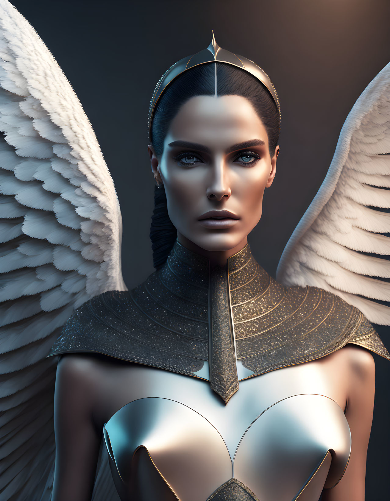 Majestic figure with white angel wings in golden tiara and futuristic armor