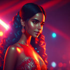 Dark-haired woman in red dress against red and blue lights with bokeh effect