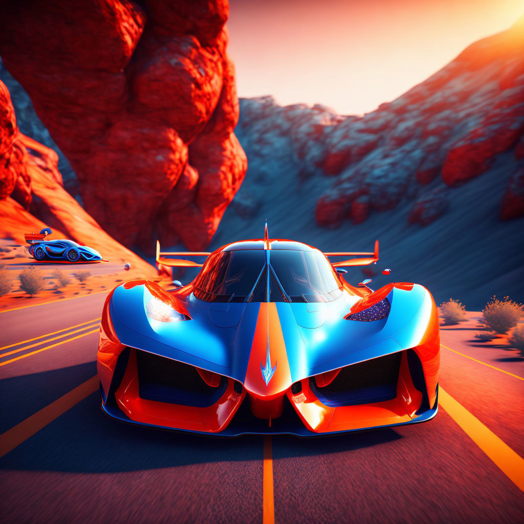 Blue and Red Aggressive Race Car Speeding in Desert Landscape