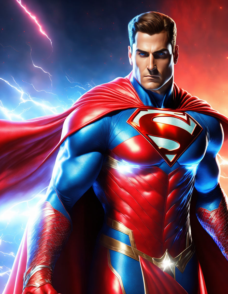 Stylized Superman in Blue and Red Suit Against Thundering Sky