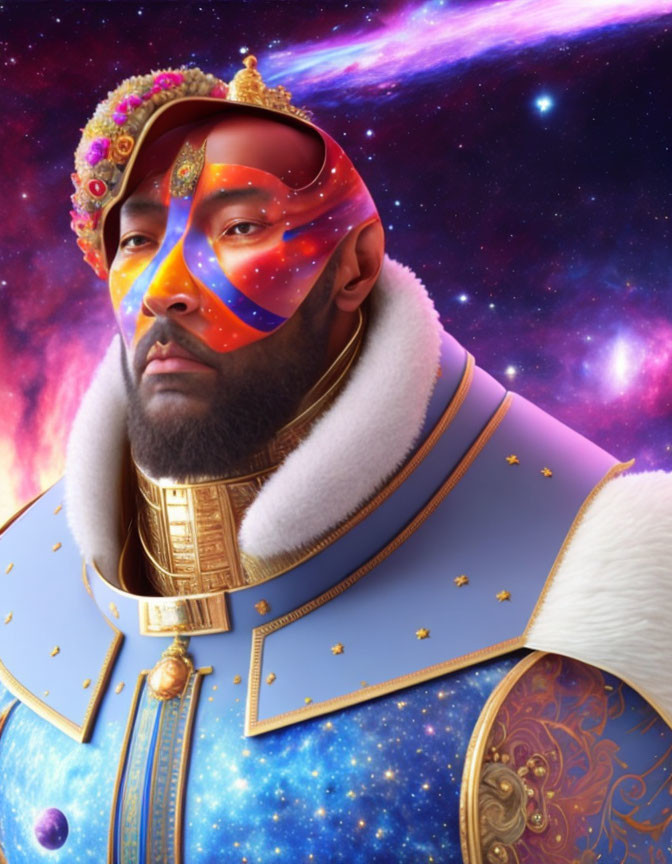 Regal Figure in Cosmic Armor on Starry Background