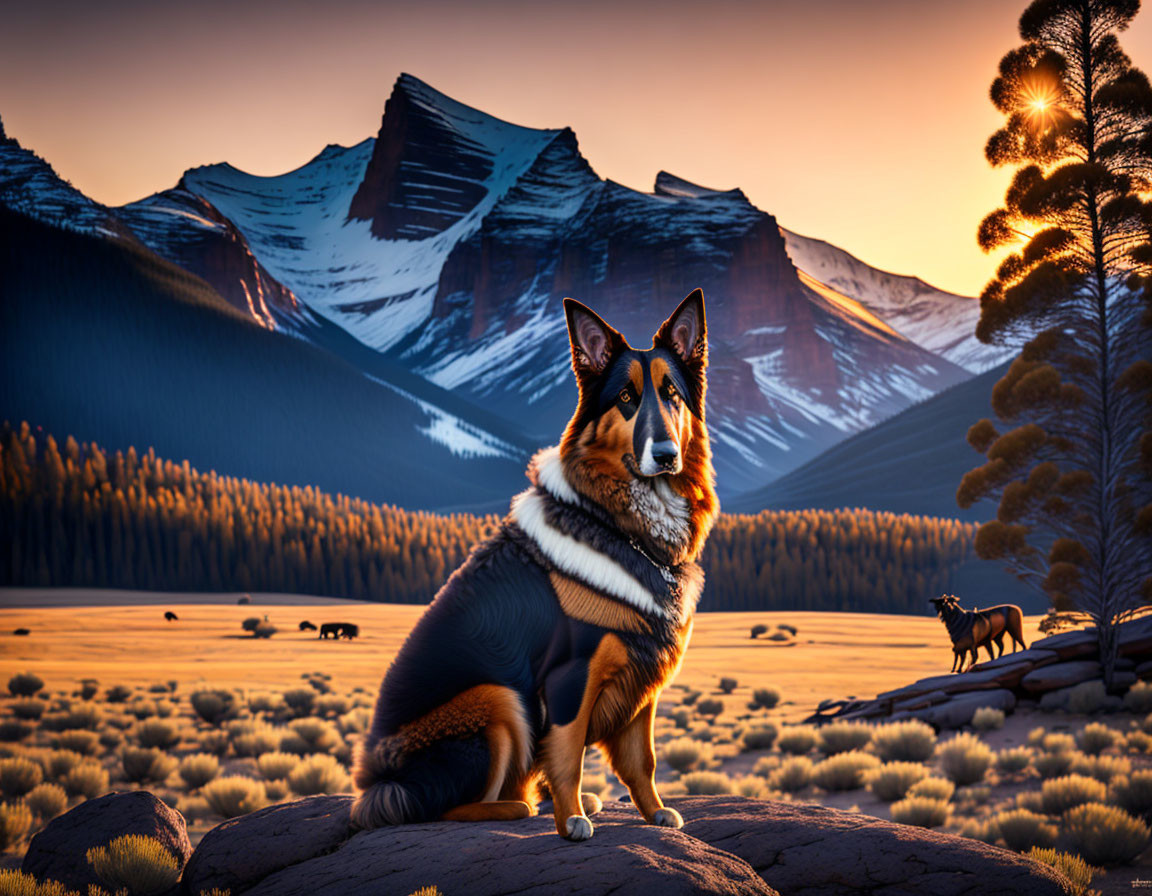 Majestic dog on rock with snowy mountain backdrop at sunset