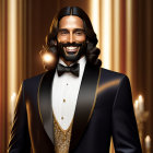 Bearded man in tuxedo with gold vest and bow tie against golden curtains