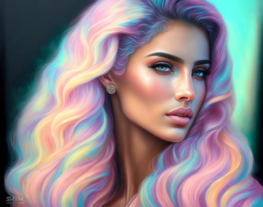 Detailed Illustration of Woman with Pastel Rainbow Hair & Blue Eyes