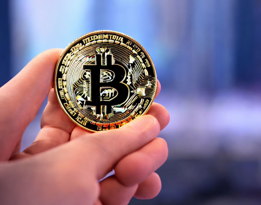 Hand holding physical Bitcoin token on blurred blue background