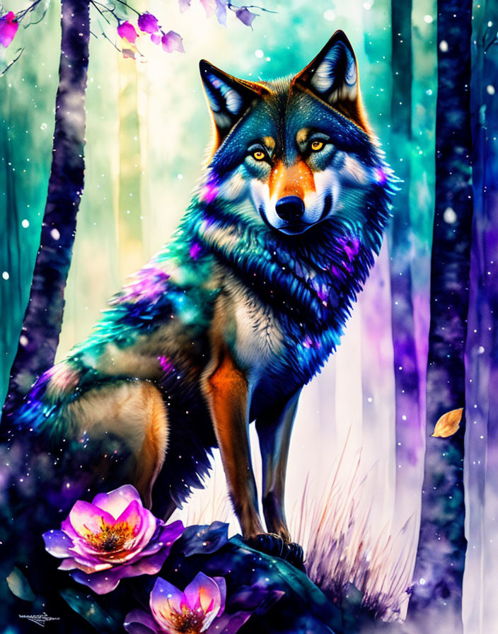 Colorful Wolf in Enchanted Forest with Glowing Flowers