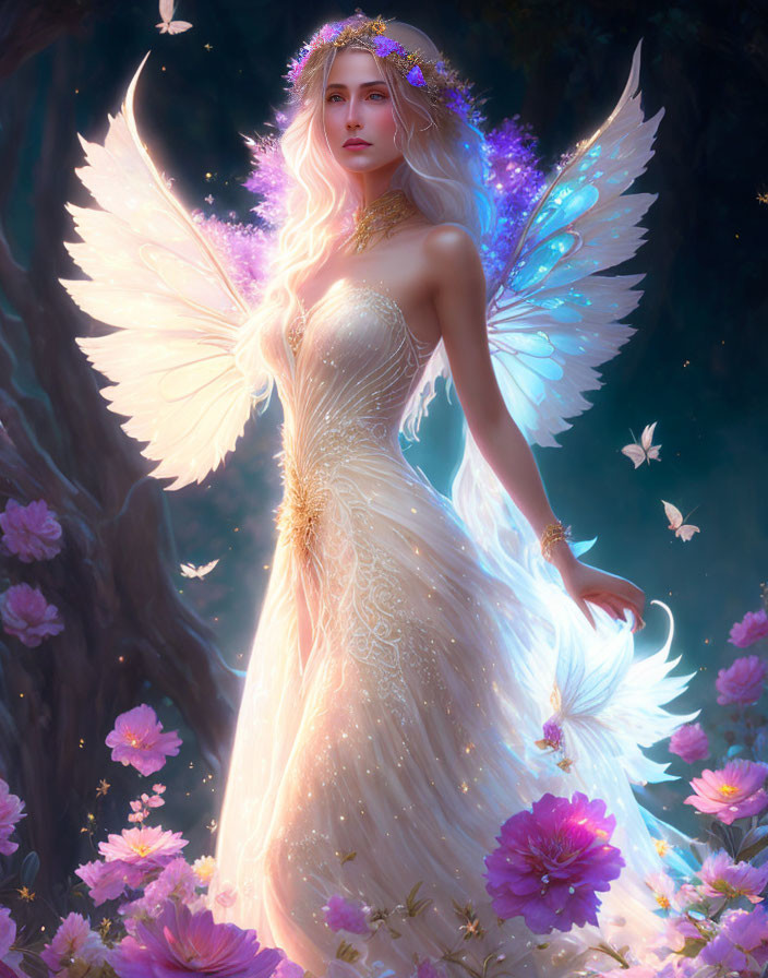 Ethereal woman with iridescent wings in white gown among purple flowers