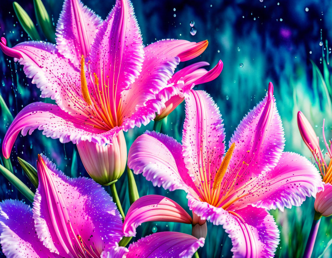 Pink lilies with white edges and speckles, water droplets, blurred background