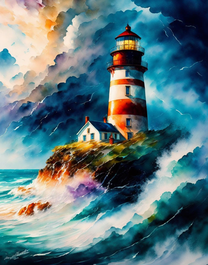 Lighthouse watercolor: rocky cliff, crashing waves, stormy sky