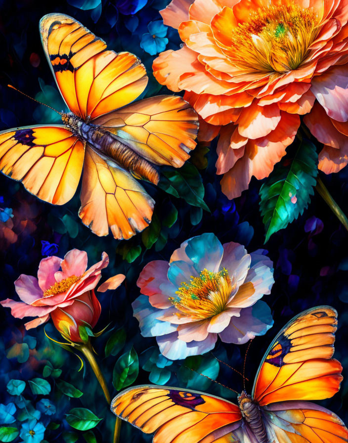 Colorful painting: Orange butterflies on intricate flowers in dark setting