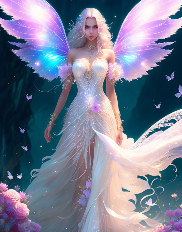 Ethereal fairy with butterfly wings in mystical floral setting