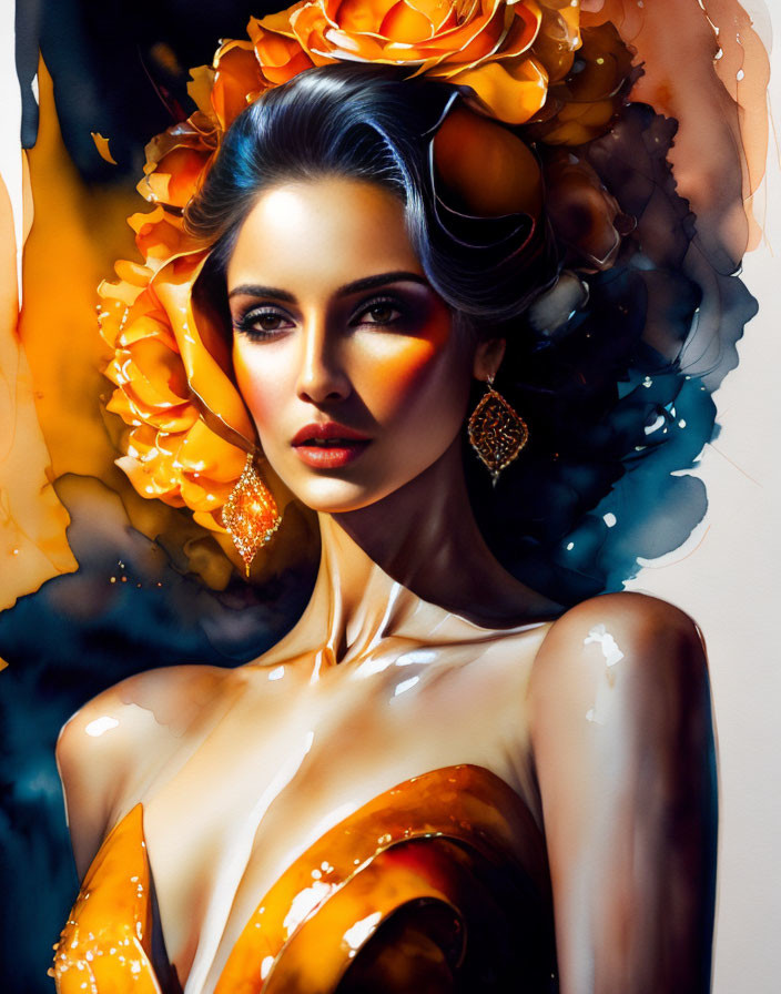 Portrait of Woman with Dark Hair and Gold Earrings Surrounded by Vibrant Orange Flowers