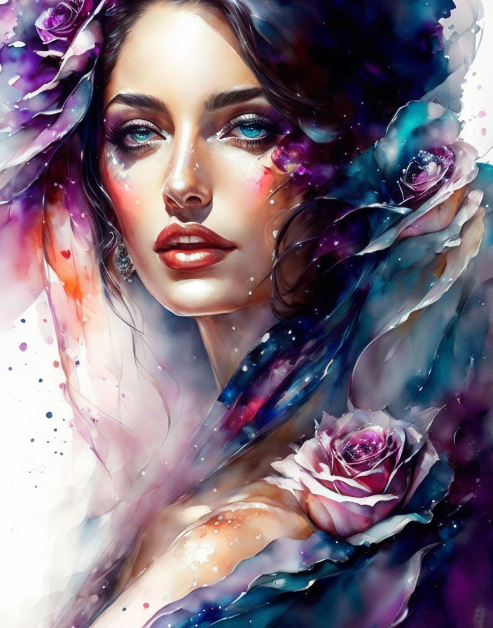 Colorful digital painting: Woman with blue eyes and flowers