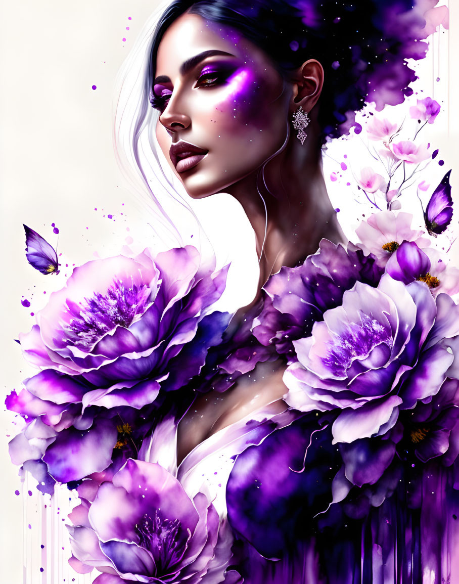 Digital artwork: Woman with silver hair, purple flowers, butterfly, cosmic glow.