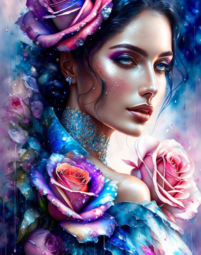 Colorful digital portrait of a woman with blue skin and pink roses, glitter, and multicolored