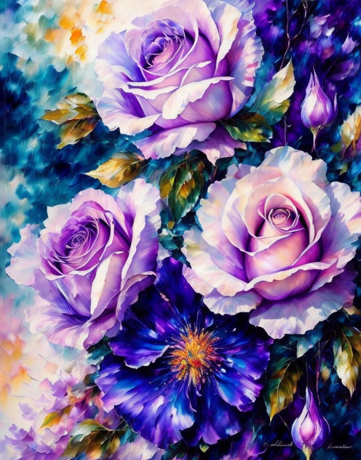 Colorful Painting of Three Purple Roses on Blue and White Background