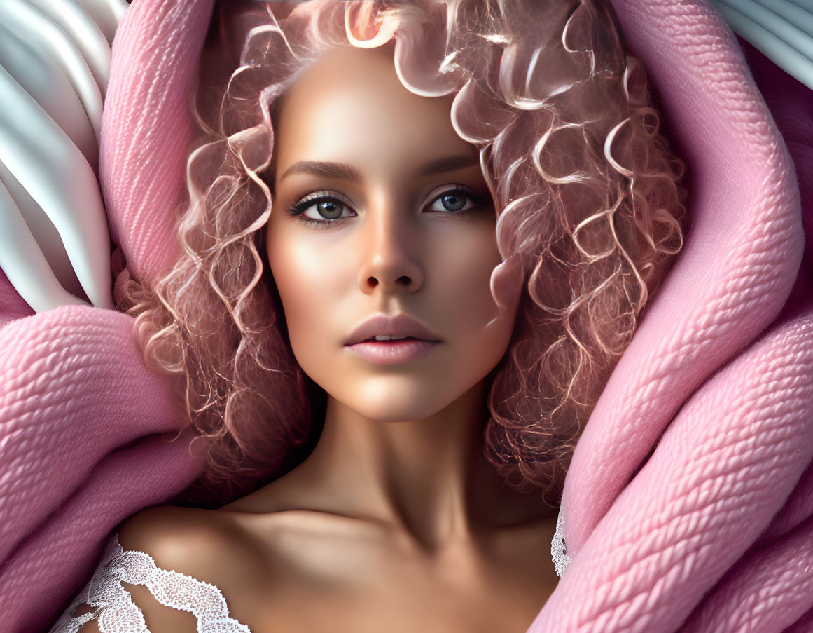 Curly Pink Hair Woman in Ethereal Portrait