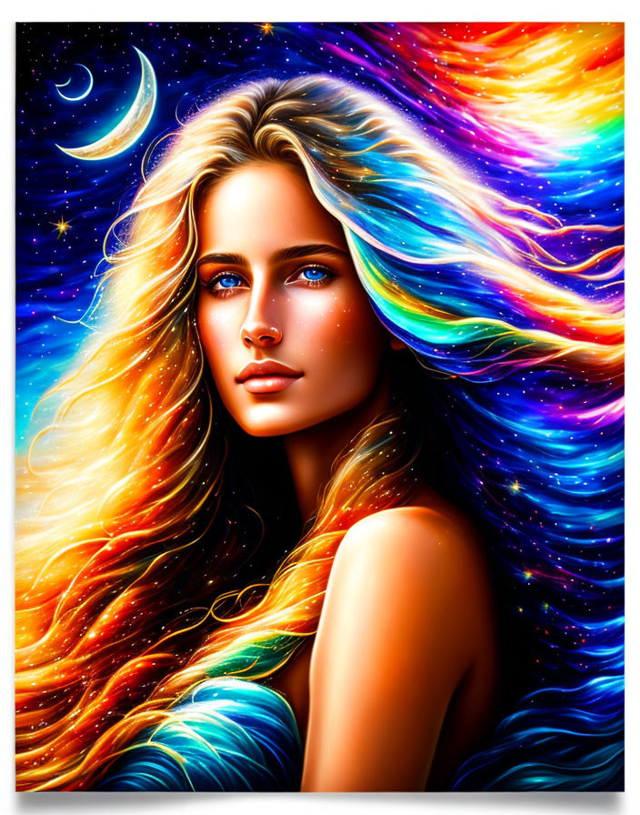 Colorful digital artwork of a cosmic-themed woman with flowing hair on a night sky backdrop