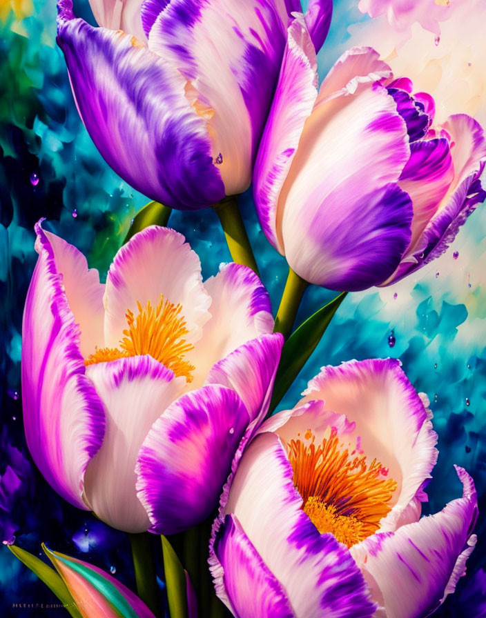 Colorful digital artwork featuring purple and white tulips on teal and blue abstract backdrop