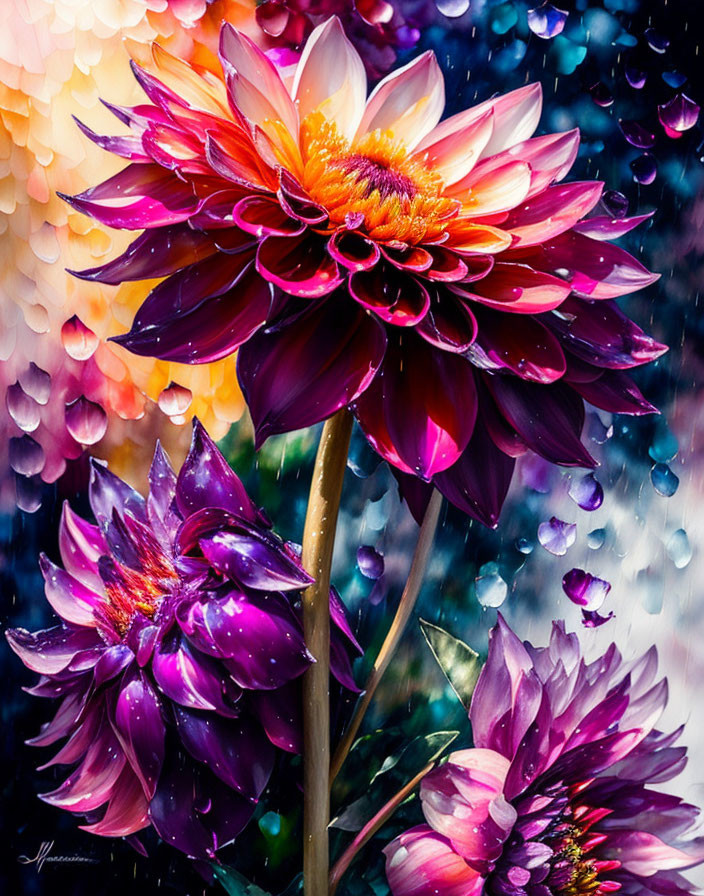 Colorful Dahlia Flowers with Purple to Orange Petals and Yellow Center on Bokeh Background