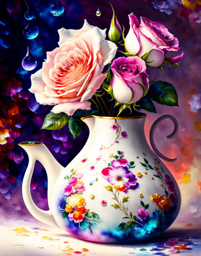 Colorful digital artwork: Porcelain pitcher with floral designs and roses on bokeh backdrop.